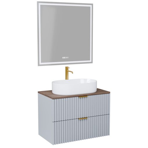 HD Rapallo Fume Grey 60 komplett fürdőszoba bútor fali mosdószekrénnyel, szálcsiszolt arany fogantyúkkal, tölgyfa színű mosdópulttal és tükörrel