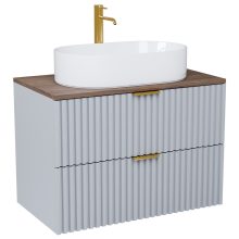 HD Rapallo Fume Grey 60 komplett fürdőszoba bútor fali mosdószekrénnyel, szálcsiszolt arany fogantyúkkal, tölgyfa színű mosdópulttal és tükörrel