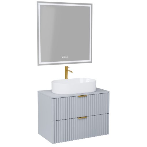 HD Rapallo Fume Grey 60 komplett fürdőszoba bútor fali mosdószekrénnyel, szálcsiszolt arany fogantyúkkal, szürke mosdópulttal és tükörrel