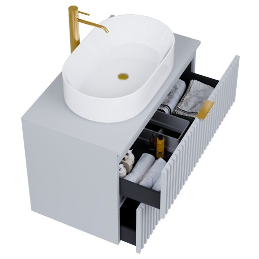 HD Rapallo Fume Grey 60 komplett fürdőszoba bútor fali mosdószekrénnyel, szálcsiszolt arany fogantyúkkal, szürke mosdópulttal és tükörrel