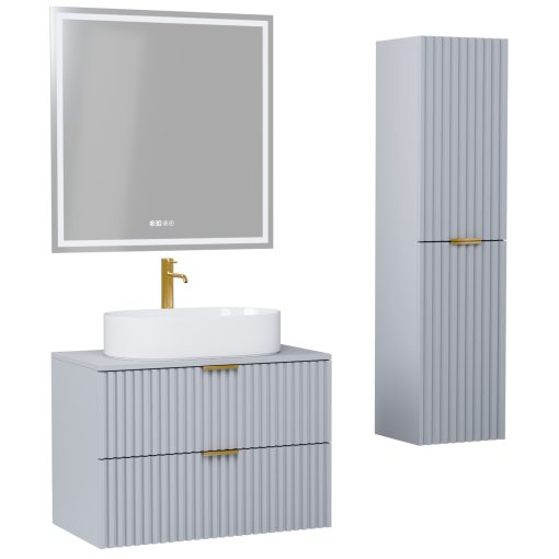 HD Rapallo Fume Grey 60 komplett fürdőszoba bútor szett fali mosdószekrénnyel, szálcsiszolt arany fogantyúval, szürke mosdópulttal, tükörrel és magasszekrénnyel
