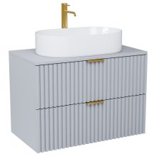 HD Rapallo Fume Grey 60 komplett fürdőszoba bútor szett fali mosdószekrénnyel, szálcsiszolt arany fogantyúval, szürke mosdópulttal, tükörrel és magasszekrénnyel