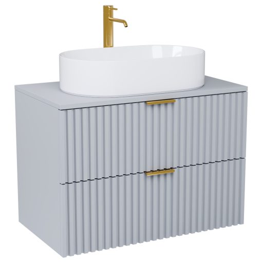 HD Rapallo Fume Grey 60 komplett fürdőszoba bútor szett fali mosdószekrénnyel, szálcsiszolt arany fogantyúval, szürke mosdópulttal, tükörrel és magasszekrénnyel