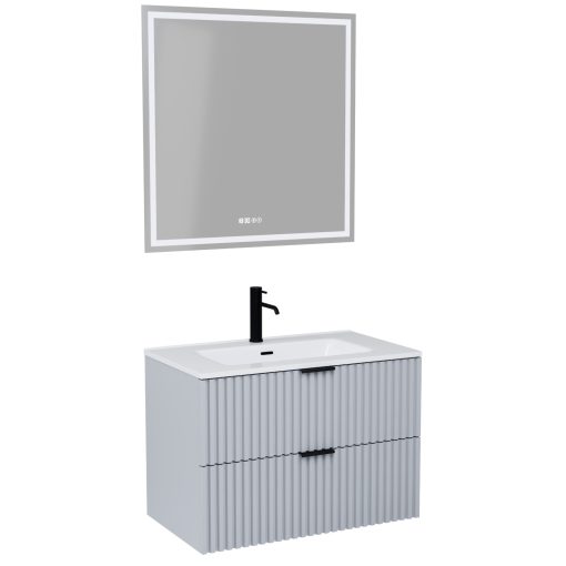 HD Ravello Fume Grey 60 komplett fürdőszoba bútor fali mosdószekrénnyel, matt fekete fogantyúkkal, fényes fehér slim mosdóval és tükörrel