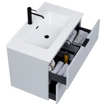 HD Ravello Fume Grey 60 komplett fürdőszoba bútor szett fali mosdószekrénnyel, matt fekete fogantyúkkal, fényes fehér slim mosdóval, tükörrel és magasszekrénnyel