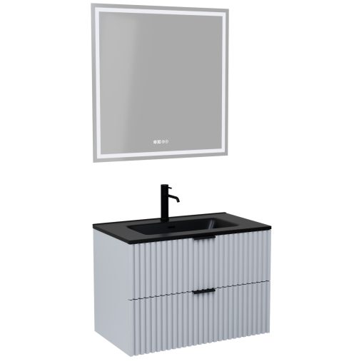HD Ravello Fume Grey 60 komplett fürdőszoba bútor fali mosdószekrénnyel, matt fekete fogantyúkkal, matt fekete slim mosdóval és tükörrel