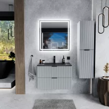 HD Ravello Fume Grey 60 komplett fürdőszoba bútor fali mosdószekrénnyel, matt fekete fogantyúkkal, matt fekete slim mosdóval és tükörrel