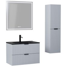 HD Ravello Fume Grey 60 komplett fürdőszoba bútor szett fali mosdószekrénnyel, matt fekete fogantyúkkal, matt fekete slim mosdóval, tükörrel és magasszekrénnyel