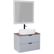 HD Rapallo Fume Grey 60 komplett fürdőszoba bútor fali mosdószekrénnyel, matt fekete fogantyúkkal, tölgyfa színű mosdópulttal és tükörrel