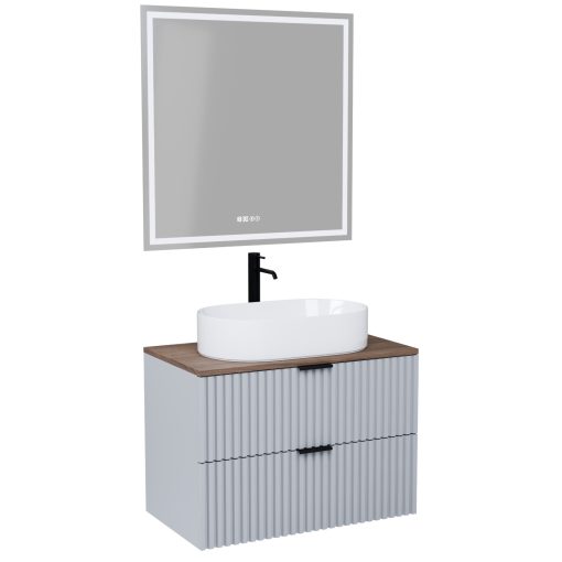 HD Rapallo Fume Grey 60 komplett fürdőszoba bútor fali mosdószekrénnyel, matt fekete fogantyúkkal, tölgyfa színű mosdópulttal és tükörrel