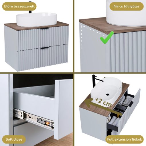 HD Rapallo Fume Grey 60 komplett fürdőszoba bútor fali mosdószekrénnyel, matt fekete fogantyúkkal, tölgyfa színű mosdópulttal és tükörrel