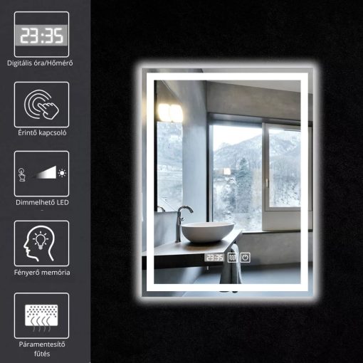 HD Rapallo Fume Grey 60 komplett fürdőszoba bútor fali mosdószekrénnyel, matt fekete fogantyúkkal, tölgyfa színű mosdópulttal és tükörrel