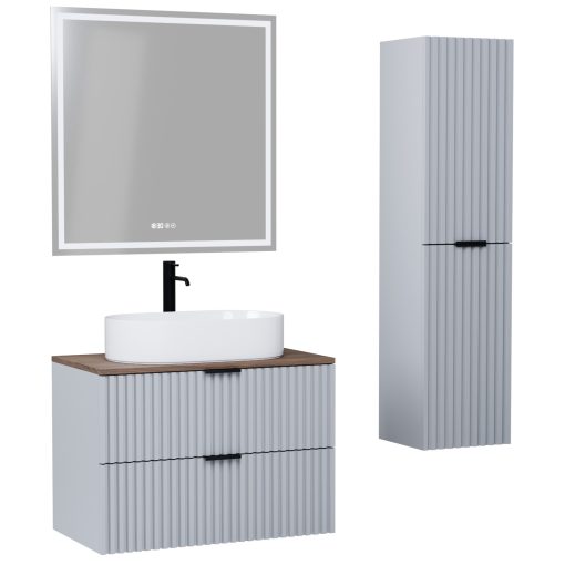 HD Rapallo Fume Grey 60 komplett fürdőszoba bútor szett fali mosdószekrénnyel, matt fekete fogantyúval, tölgyfa színű mosdópulttal, tükörrel és magasszekrénnyel