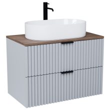 HD Rapallo Fume Grey 60 komplett fürdőszoba bútor szett fali mosdószekrénnyel, matt fekete fogantyúval, tölgyfa színű mosdópulttal, tükörrel és magasszekrénnyel