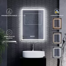 HD Rapallo Fume Grey 60 komplett fürdőszoba bútor szett fali mosdószekrénnyel, matt fekete fogantyúval, tölgyfa színű mosdópulttal, tükörrel és magasszekrénnyel