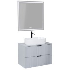   HD Rapallo Fume Grey 60/80 komplett fürdőszoba bútor fali mosdószekrénnyel, matt fekete fogantyúkkal, szürke mosdópulttal és tükörrel