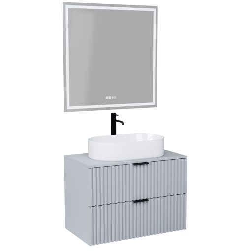 HD Rapallo Fume Grey 60/80 komplett fürdőszoba bútor fali mosdószekrénnyel, matt fekete fogantyúkkal, szürke mosdópulttal és tükörrel