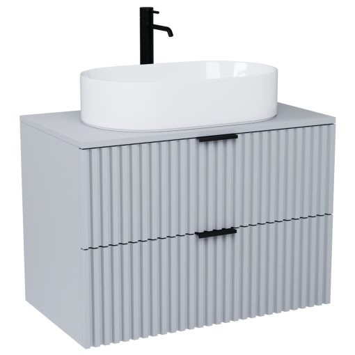 HD Rapallo Fume Grey 60/80 komplett fürdőszoba bútor fali mosdószekrénnyel, matt fekete fogantyúkkal, szürke mosdópulttal és tükörrel