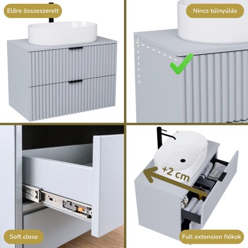 HD Rapallo Fume Grey 60/80 komplett fürdőszoba bútor fali mosdószekrénnyel, matt fekete fogantyúkkal, szürke mosdópulttal és tükörrel