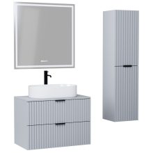 HD Rapallo Fume Grey 60/80 komplett fürdőszoba bútor szett fali mosdószekrénnyel, matt fekete fogantyúval, szürke mosdópulttal, tükörrel és magasszekrénnyel