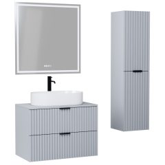  HD Rapallo Fume Grey 60/80 komplett fürdőszoba bútor szett fali mosdószekrénnyel, matt fekete fogantyúval, szürke mosdópulttal, tükörrel és magasszekrénnyel