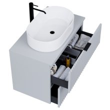 HD Rapallo Fume Grey 60/80 komplett fürdőszoba bútor szett fali mosdószekrénnyel, matt fekete fogantyúval, szürke mosdópulttal, tükörrel és magasszekrénnyel