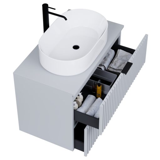 HD Rapallo Fume Grey 60/80 komplett fürdőszoba bútor szett fali mosdószekrénnyel, matt fekete fogantyúval, szürke mosdópulttal, tükörrel és magasszekrénnyel