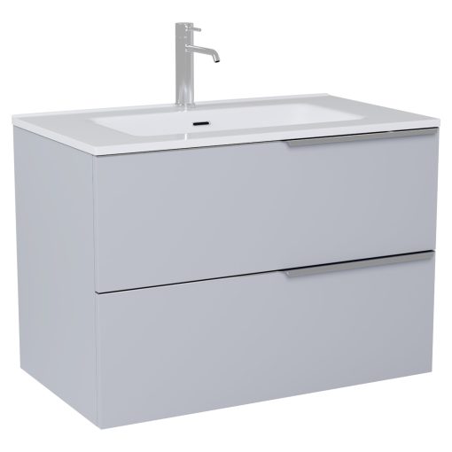 HD Cremona Fume Grey 60 komplett fürdőszoba bútor szett fali mosdószekrénnyel, fényes króm fogantyúkkal, fényes fehér slim mosdóval, tükörrel és magasszekrénnyel