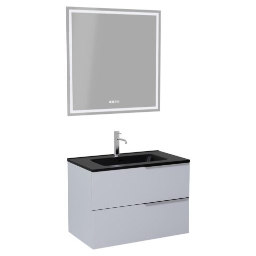 HD Cremona Fume Grey 60 komplett fürdőszoba bútor fali mosdószekrénnyel, fényes króm fogantyúkkal, matt fekete slim mosdóval és tükörrel