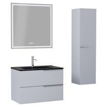 HD Cremona Fume Grey 60 komplett fürdőszoba bútor szett fali mosdószekrénnyel, fényes króm fogantyúkkal, matt fekete slim mosdóval, tükörrel és magasszekrénnyel