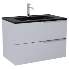 HD Cremona Fume Grey 60 komplett fürdőszoba bútor szett fali mosdószekrénnyel, fényes króm fogantyúkkal, matt fekete slim mosdóval, tükörrel és magasszekrénnyel