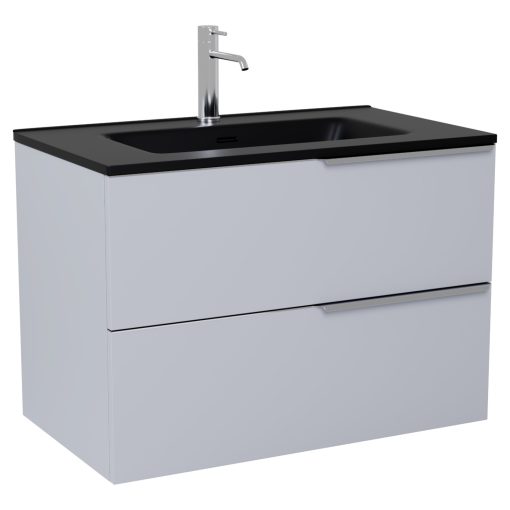 HD Cremona Fume Grey 60 komplett fürdőszoba bútor szett fali mosdószekrénnyel, fényes króm fogantyúkkal, matt fekete slim mosdóval, tükörrel és magasszekrénnyel