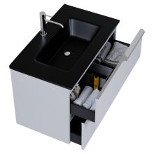 HD Cremona Fume Grey 60 komplett fürdőszoba bútor szett fali mosdószekrénnyel, fényes króm fogantyúkkal, matt fekete slim mosdóval, tükörrel és magasszekrénnyel