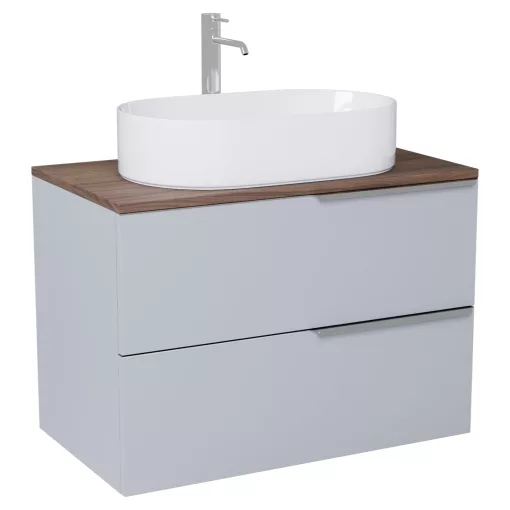 HD Carona Fume Grey 60 fali mosdószekrény tölgyfa színű mosdópulttal és fényes króm fogantyúkkal