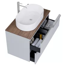 HD Carona Fume Grey 60 fali mosdószekrény tölgyfa színű mosdópulttal és fényes króm fogantyúkkal