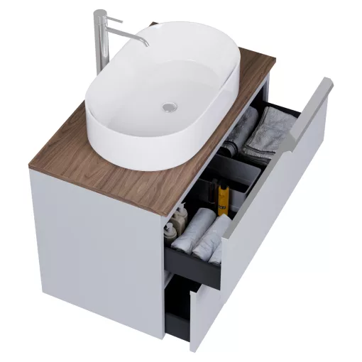 HD Carona Fume Grey 60 fali mosdószekrény tölgyfa színű mosdópulttal és fényes króm fogantyúkkal