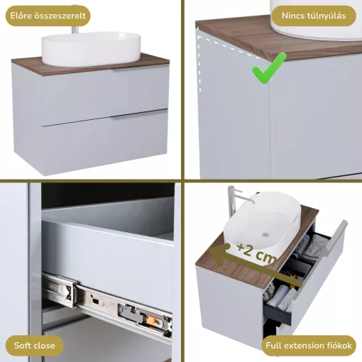 HD Carona Fume Grey 60 fali mosdószekrény tölgyfa színű mosdópulttal és fényes króm fogantyúkkal