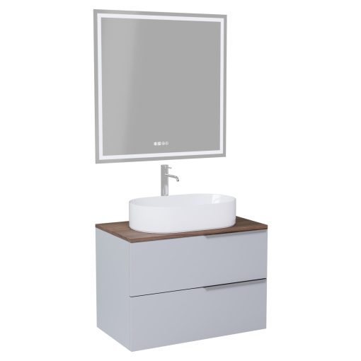 HD Carona Fume Grey 60 komplett fürdőszoba bútor fali mosdószekrénnyel, fényes króm fogantyúkkal, tölgyfa színű mosdópulttal és tükörrel