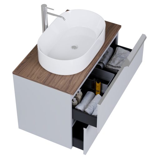 HD Carona Fume Grey 60 komplett fürdőszoba bútor fali mosdószekrénnyel, fényes króm fogantyúkkal, tölgyfa színű mosdópulttal és tükörrel