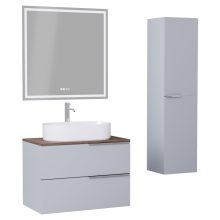 HD Carona Fume Grey 60 komplett fürdőszoba bútor szett fali mosdószekrénnyel, fényes króm fogantyúkkal, tölgyfa színű mosdópulttal, tükörrel és magasszekrénnyel