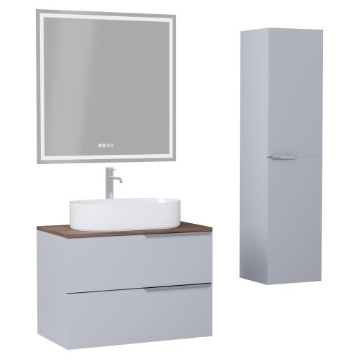 HD Carona Fume Grey 60 komplett fürdőszoba bútor szett fali mosdószekrénnyel, fényes króm fogantyúkkal, tölgyfa színű mosdópulttal, tükörrel és magasszekrénnyel