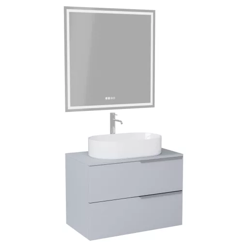 HD Carona Fume Grey 60 komplett fürdőszoba bútor fali mosdószekrénnyel, fényes króm fogantyúkkal, szürke mosdópulttal és tükörrel