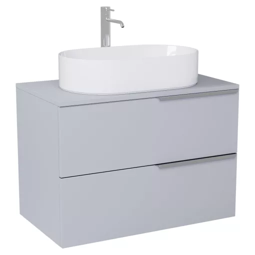 HD Carona Fume Grey 60 komplett fürdőszoba bútor fali mosdószekrénnyel, fényes króm fogantyúkkal, szürke mosdópulttal és tükörrel