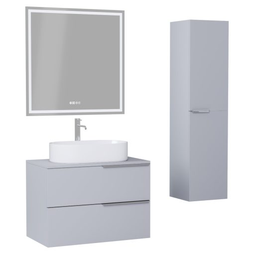 HD Carona Fume Grey 60 komplett fürdőszoba bútor szett fali mosdószekrénnyel, fényes króm fogantyúkkal, szürke mosdópulttal, tükörrel és magasszekrénnyel