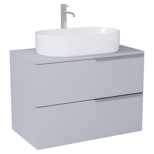 HD Carona Fume Grey 60 komplett fürdőszoba bútor szett fali mosdószekrénnyel, fényes króm fogantyúkkal, szürke mosdópulttal, tükörrel és magasszekrénnyel