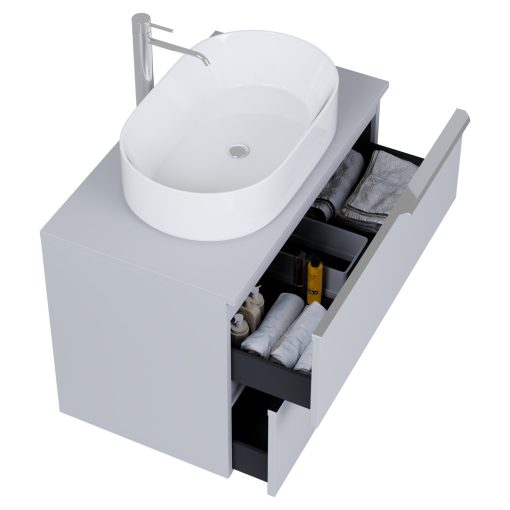 HD Carona Fume Grey 60 komplett fürdőszoba bútor szett fali mosdószekrénnyel, fényes króm fogantyúkkal, szürke mosdópulttal, tükörrel és magasszekrénnyel