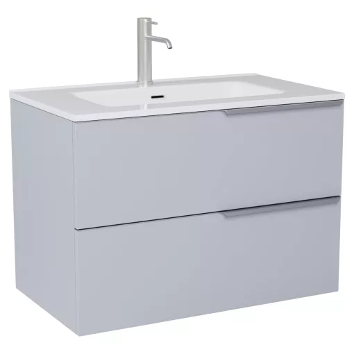 HD Cremona Fume Grey 60 fali mosdószekrény szálcsiszolt króm fogantyúkkal és fényes fehér slim mosdóval