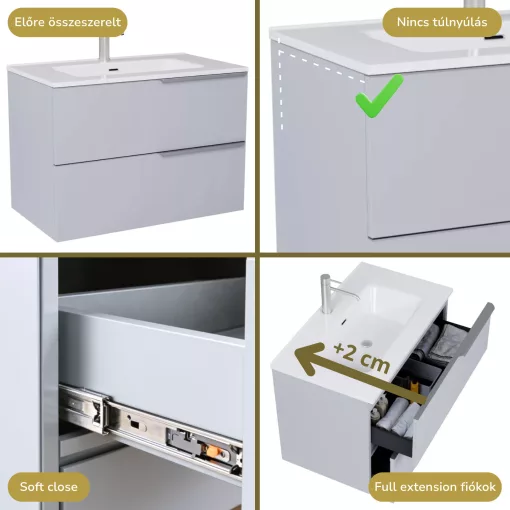 HD Cremona Fume Grey 60 fali mosdószekrény szálcsiszolt króm fogantyúkkal és fényes fehér slim mosdóval