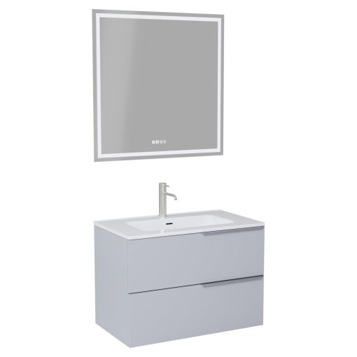 HD Cremona Fume Grey 60 komplett fürdőszoba bútor fali mosdószekrénnyel, szálcsiszolt króm fogantyúkkal, fényes fehér slim mosdóval és tükörrel