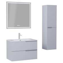 HD Cremona Fume Grey 60 komplett fürdőszoba bútor szett fali mosdószekrénnyel, szálcsiszolt króm fogantyúkkal, fényes fehér slim mosdóval, tükörrel és magasszekrénnyel